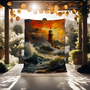 May include: A painting of a lighthouse standing tall against a stormy sea with large waves crashing around it. The sky is a vibrant orange and yellow, with dark clouds gathering in the distance. The lighthouse is a beacon of hope in the midst of the storm.