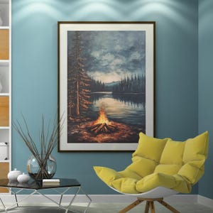 Rustic Campfire Oil Painting, Moody Pine Tree Canvas Print, Camping Theme Wall Art, Cabin Wall Decor, Vintage Forest Painting, Dark Wall Art