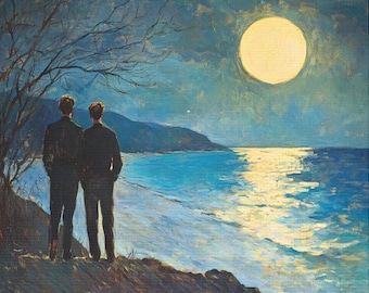 Queer Art Retro Vibe, Gay Art Vintage Style, moonlight Lovers Print, Canvas Wraps, Elegant Canvas Art LGBTQ Gifts, Wall Art Queer, LGBTQ Art