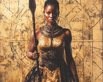 May include: A digital art print of a woman holding a spear, dressed in a gold and black patterned outfit. The background is a textured, golden-yellow color with geometric lines. The woman is wearing ornate jewelry.