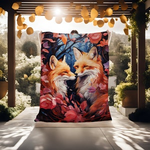 May include: Two orange foxes with white fur on their chests are nestled together in a forest setting. The foxes are surrounded by pink and red flowers and leaves. The background is a blue and purple forest scene.
