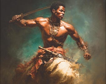 May include: An artistic painting of a muscular person wielding a sword. The person is adorned with ornate jewelry and a decorative belt. The background features a blend of teal and brown hues, creating a dramatic and dynamic scene.