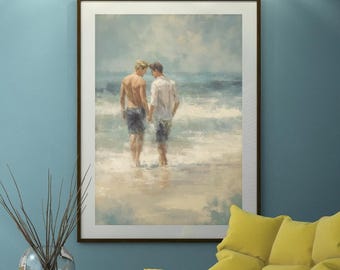 May include: A framed art print depicts two figures standing in the ocean, holding hands. The figures are facing the water, with the ocean and sky in the background. The artwork is in a soft, painterly style, with muted colors.