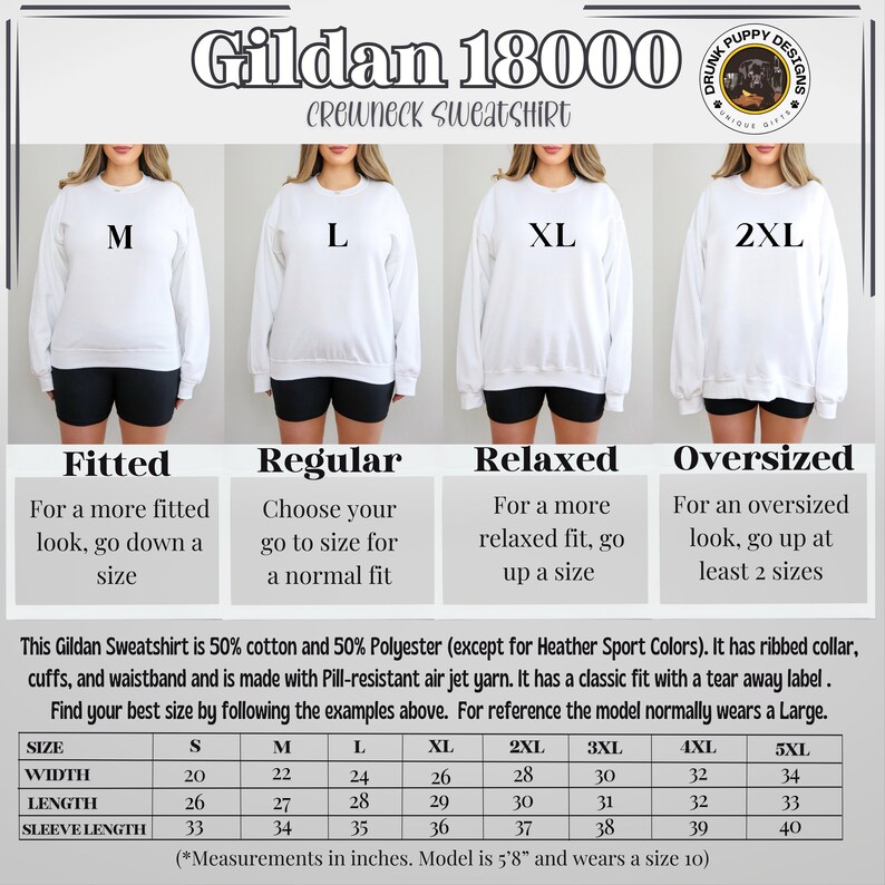 May include: Size chart for Gildan 18000 crewneck sweatshirts. The chart shows the measurements in inches for different sizes, including width, length, and sleeve length. The chart also includes descriptions of the fit for each size: fitted, regular, relaxed, and oversized.