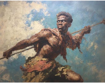 May include: An oil painting depicts a muscular figure with dark skin, holding a spear against a backdrop of a blue sky with white clouds. The figure is clad in tattered clothing, suggesting a historical or mythological theme.