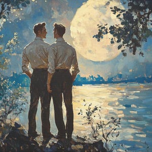 Queer Art Retro Vibe, Gay Art Vintage Style, moonlight Lovers Print, Canvas Wraps, Elegant Canvas Art LGBTQ Gifts, Wall Art Queer, LGBTQ Art