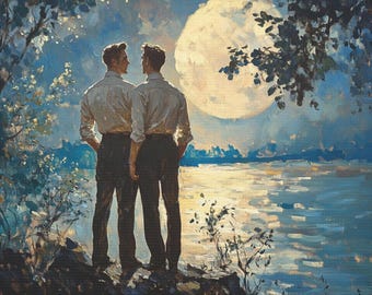 Queer Art Retro Vibe, Gay Art Vintage Style, moonlight Lovers Print, Canvas Wraps, Elegant Canvas Art LGBTQ Gifts, Wall Art Queer, LGBTQ Art