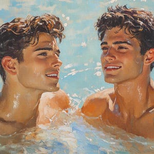 Queer Art Retro Vibe, Gay Art Vintage Style, Pool Side Lovers Print, Canvas Wraps, Elegant Canvas Art LGBTQ Gifts, Wall Art Queer, LGBTQ Art