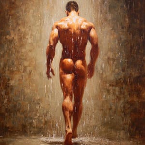 May include: An oil painting depicts a muscular figure walking away in a shower. The figure's back is turned, showcasing defined muscles. Water streams down, creating a wet effect. The color palette is warm, with browns and tans dominating the scene.