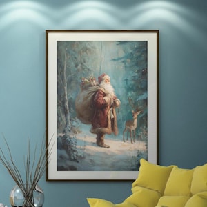 Vintage Santa Christmas Print, Gallery Wrap, Winter Forest Print Vintage Style, Retro Christmas, Xmas Canvas Gallery Wraps, Canvas Art Gifts