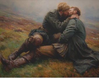 May include: An oil painting depicts two men embracing and kissing on a grassy hillside. One man, with blond hair, is leaning over the other, who has dark hair. Both are wearing period clothing, with muted greens and browns dominating the color palette.