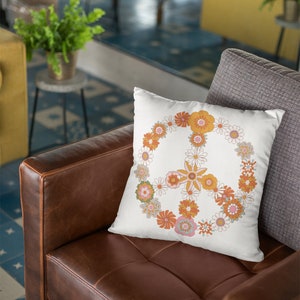 Peace Sign Pillow, Pillow and Washable Cover, Retro Peace Sign, Retro Pillow, Retro Decor, Hippie Decor, Hippie Peach Sign, Pillows Throws
