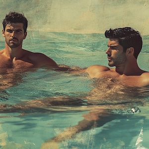 May include: Two men in a body of water, likely a pool or ocean, with a vintage filter applied. The water is a mix of blues and greens. Both men are shirtless, with dark hair and facial hair. The image has a retro, artistic feel.