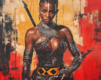 May include: A painting of a woman with dark skin, wearing a black and orange outfit, holding a spear. She has a white stripe painted across her forehead and is wearing a silver necklace. The background is a mix of red, orange, and yellow.