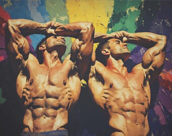 Arte queer con ambiente retro, arte musculoso gay, lienzos para galería, arte gay, elegantes lienzos queer, regalos LGBTQ, arte mural gay, arte LGBTQ, arte gay