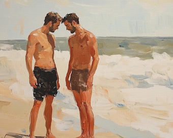 Queer Art Retro Vibe, Gay Art Vintage Style Gay Beach Lovers Print, Canvas Wraps, Elegant Canvas Art LGBTQ Gifts, Wall Art Queer, LGBTQ Art