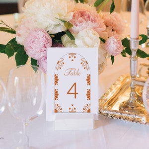 4x6 Printable Talavera Mexican Theme Arched Table Numbers - Burnt Orange & White