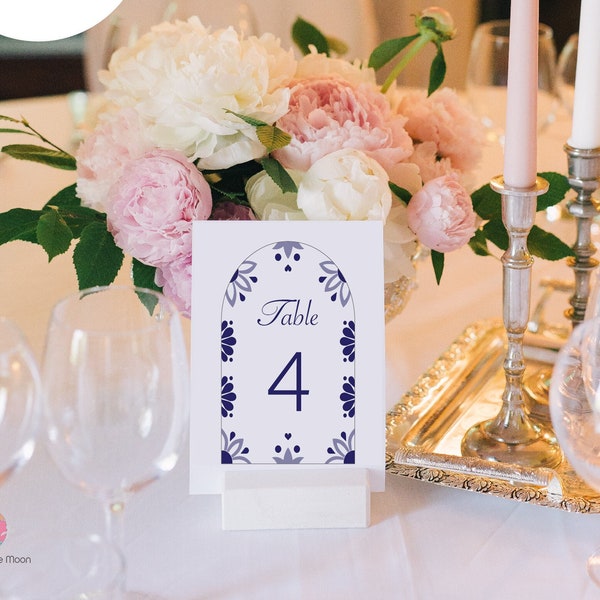 4x6 Printable Talavera Mexican Theme Arched Table Numbers - Navy Blue & White