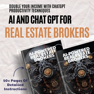 Peut inclure: Deux couvertures de livres avec un design futuriste représentant une tête de robot métallique. Les couvertures sont intitulées "AI-Powered Real Estate Brokers" et le texte "50+ Pages Of Detailed Instructions" est visible en dessous des couvertures.