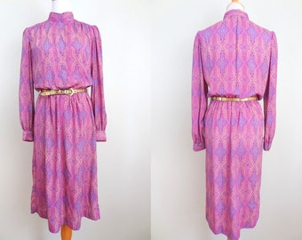 Vintage Romantic 70s Purple Pattern Boho Secretary Dress