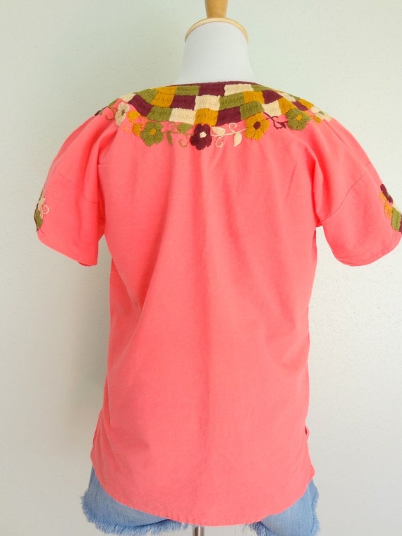 Vintage Handmade Oaxacan Coral Pink Floral Embroi… - image 7