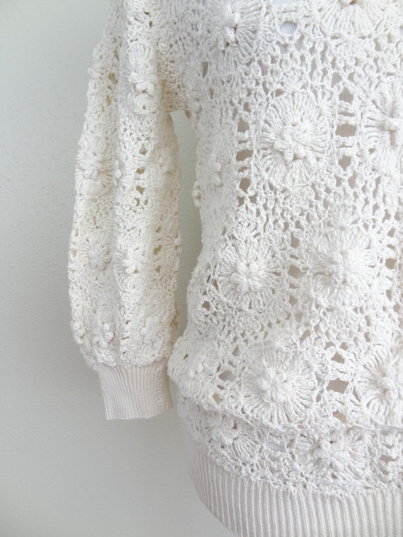 RARE Vintage 1970s Crocheted Cotton Cream Sweater - image 3