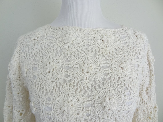 RARE Vintage 1970s Crocheted Cotton Cream Sweater - image 2