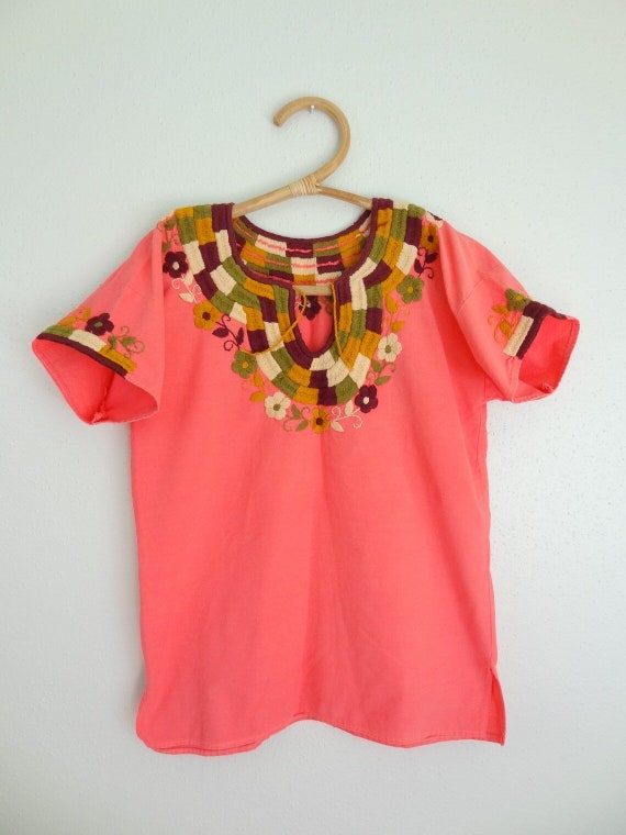 Vintage Handmade Oaxacan Coral Pink Floral Embroi… - image 3