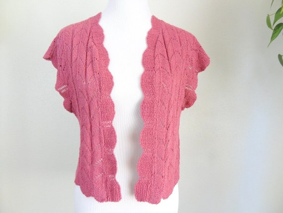 Vintage Mauve Crochet Knit Sweater Vest Cardigan - image 1