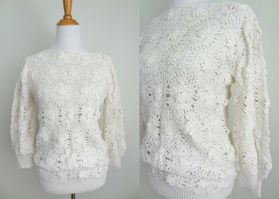 RARE Vintage 1970s Crocheted Cotton Cream Sweater - image 1