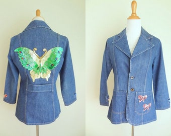 Epic Rare Vintage 70s Denim Fitted Hippie Jacket With Sequined Butterfly Patch