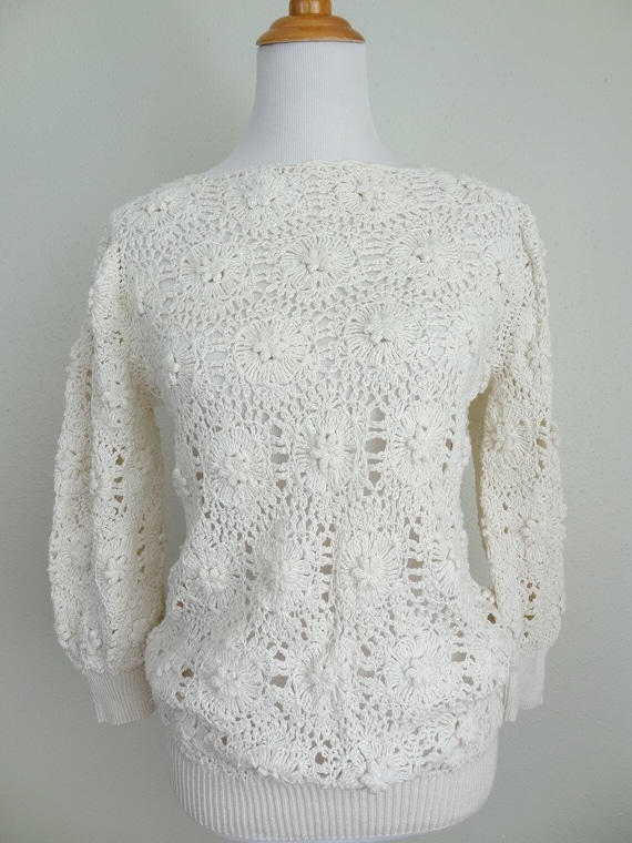 RARE Vintage 1970s Crocheted Cotton Cream Sweater - image 7