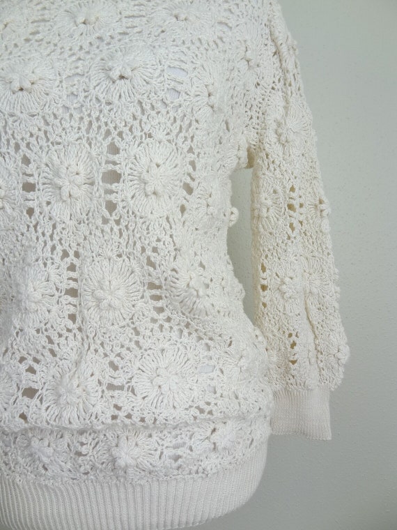 RARE Vintage 1970s Crocheted Cotton Cream Sweater - image 4