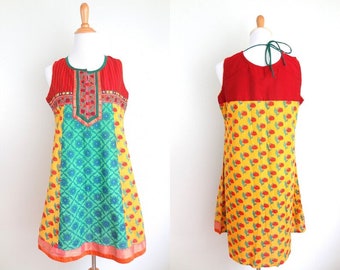 Vintage Cotton Sleeveless Indian Mini Dress // Botanical Block Print // Red Green & Marigold Yellow