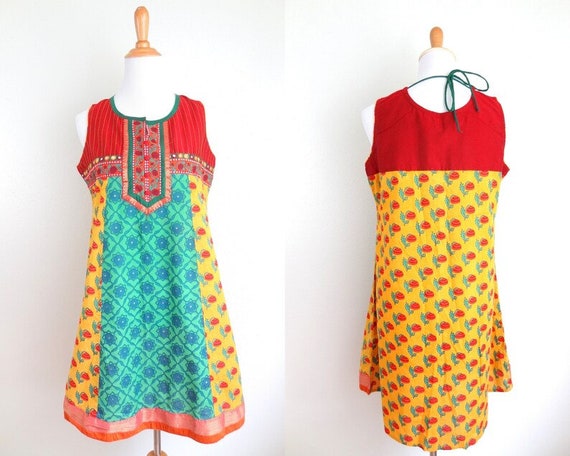 Vintage Cotton Sleeveless Indian Mini Dress // Bo… - image 1