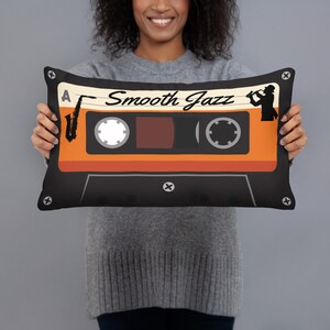 Smooth Jazz Cassette Tape Pillow, Black and Orange Throw Pillow, Music Decor