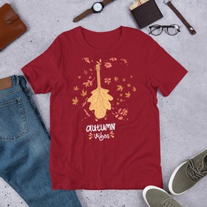 Autumn Vibes Unisex T-Shirt, 4 Colors, Guitar Leaf Image