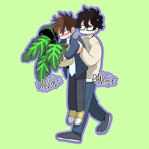 May include: A sticker illustration featuring two cartoon characters. One character with dark hair and glasses carries another character who is holding a potted monstera plant. The word DANGLE is written in black text below the characters.