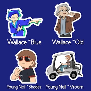 May include: Four sticker designs featuring cartoon characters. The first sticker shows a blue-haired person wearing a blue robe and pointing to the right. The second sticker shows an older person with gray hair wearing a brown jacket. The third sticker shows a person with brown hair wearing sunglasses and a black shirt. The fourth sticker shows a person driving a golf cart.