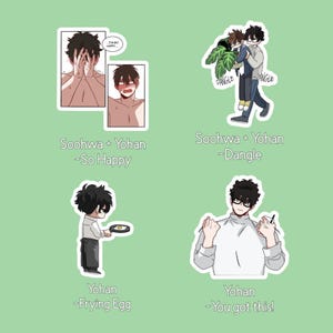 May include: Four illustrated stickers featuring two characters, Soohwa and Yohan. The first sticker shows Soohwa and Yohan embracing, with the text "I'm so happy..." above them. The second sticker shows Soohwa holding a plant, with Yohan dangling from the plant. The text "Dangle" appears twice on the sticker. The third sticker shows Yohan frying an egg in a pan. The fourth sticker shows Yohan with a serious expression, holding a pen and saying "You got this!"