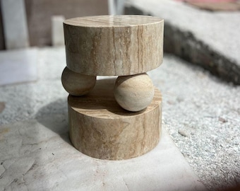 Geometric Travertine End Table — Brown Marble Side Table, Modern Designer Accent Furniture