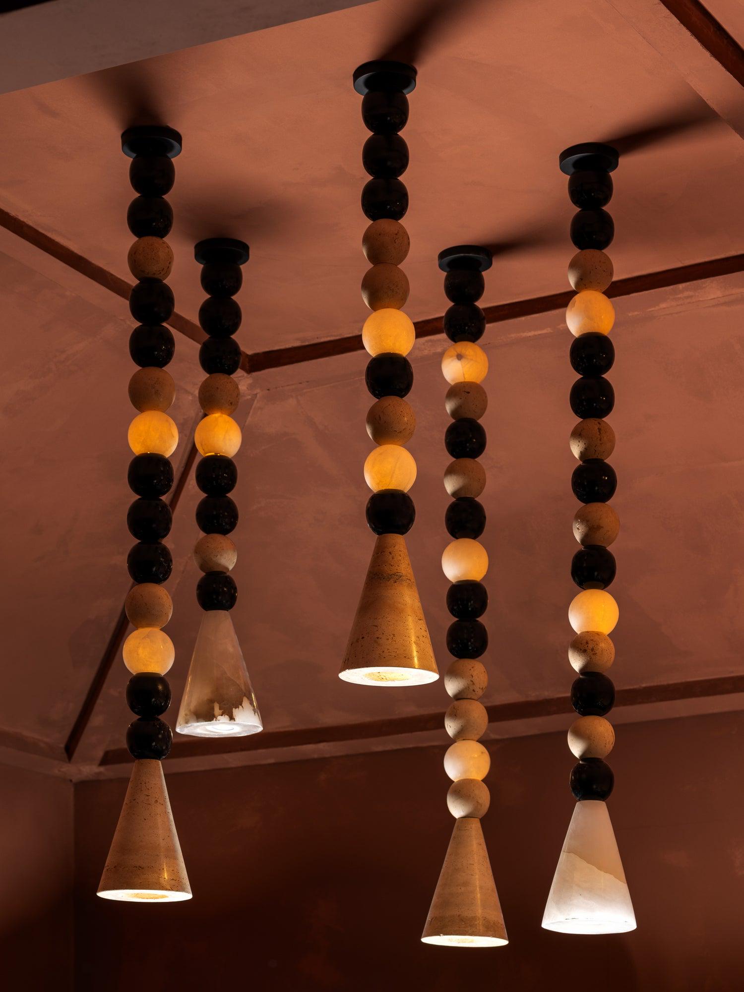 Travertine and Black Wood Chandelier — Modern Stone Pendant Ceiling ...