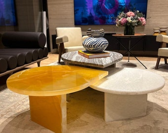 Onyx & Marble Nesting Tables — Modern Coffee Table Set, Contemporary Stone Furniture for Living Rooms
