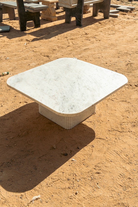 Handmade White Carrara Marble Coffee Table Set – Modern Living Room Furniture