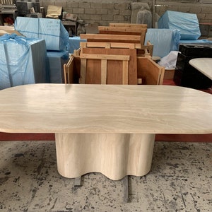 Curved Base Dining Table - Stone Table for Dining Room - Travertine Table for Modern Homes