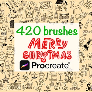 May include: A digital illustration of 420 Christmas themed brushes for the Procreate app. The image features a variety of festive designs, including snowflakes, ornaments, reindeer, and Santa Claus. The text "420 brushes Merry Christmas Procreate" is displayed in the centre of the image.