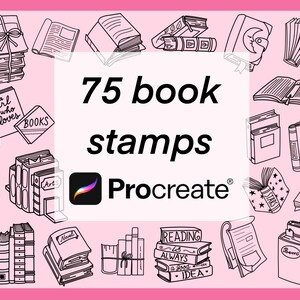 Peut inclure: 75 tampons de livres noirs et blancs pour Procreate. Les tampons présentent différents styles de livres, notamment des piles de livres, des livres ouverts et des livres avec du texte sur la couverture. Le texte sur les tampons comprend "une fille qui aime les livres", "Art", "Roman", "Lire est toujours une bonne idée" et "Mémoires à voler".
