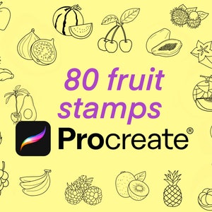 May include: A set of 80 black and white fruit stamps for use with the Procreate app. The stamps feature a variety of fruits, including apples, cherries, watermelons, figs, durians, avocados, dragon fruit, grapes, bananas, raspberries, kiwis, pineapples, and mangos.