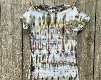 Hand Dyed Crew Neck T-Shirt, Juniors Large, Olive Green and Purple Color Blends, Ice Dyed Unique T-Shirt, Boho Style