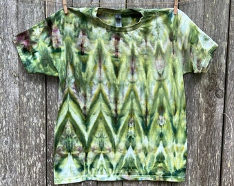 Hand Dyed Crew Neck T-Shirt, Youth Large, Green with Purple Accents, Ice Dyed Unique T-Shirt, Boho T-Shirt